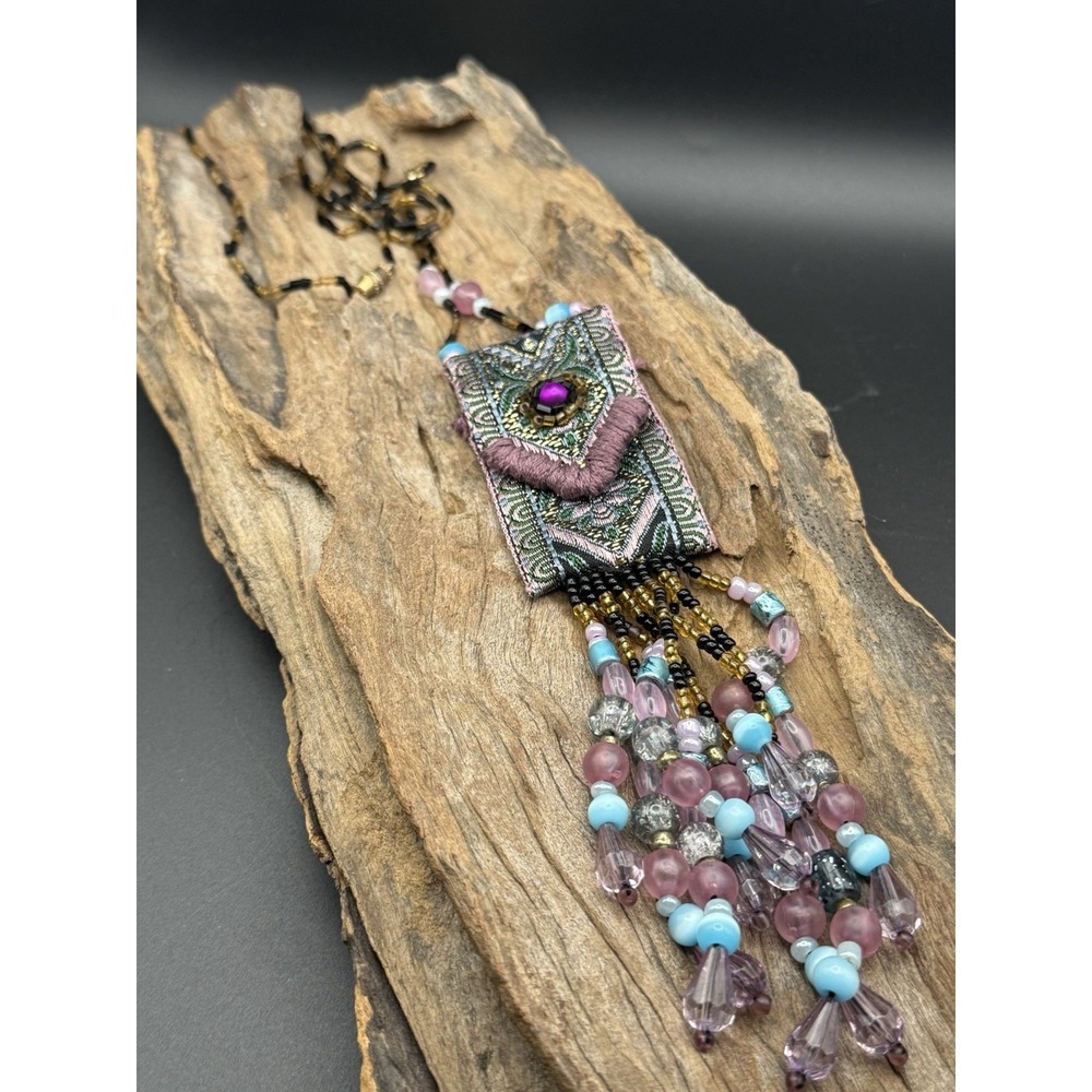 VTG Artisan Mixed Media Fiber Art Pendant Necklace Beaded Fringe Beads Boho 20"